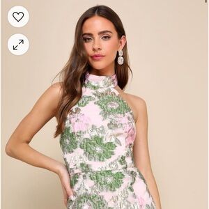 Extraordinary Impression Pink Floral Jacquard Halter Mini Dress